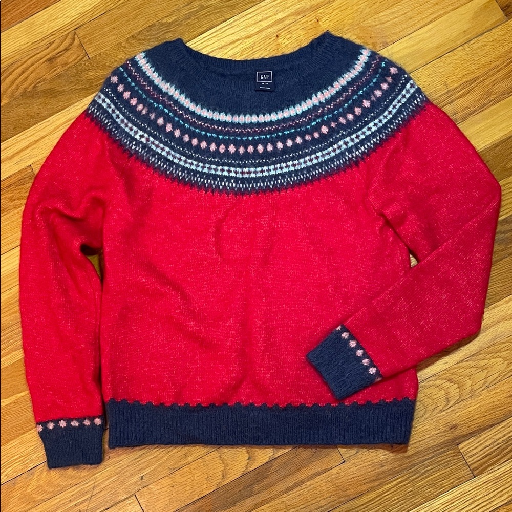 GAP Ladies Wool Blend Red and Navy Patterned Warm Cozy Ski Sweater